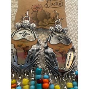 Justin Cow Skull Tassel Beaded Western‎ Earrings